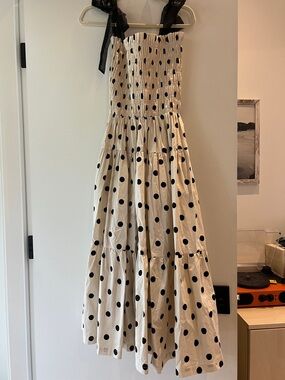 En Saison Polka Dot Tie-Shoulder Midi Dress in Cream and Black size medium NWOT